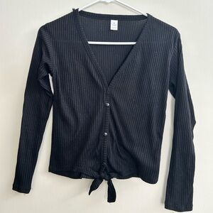 Black Ribbed Tie-Front Button Cardigan - Women